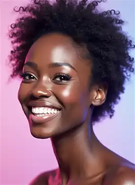 Smiling woman with natural afro hairstyle, embodying confidence and joy at nRecovery.