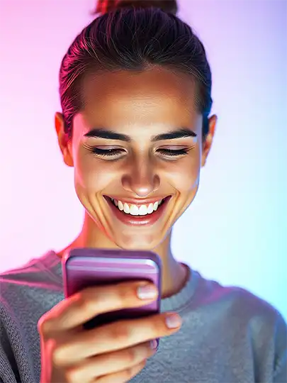 Smiling woman engaging with her phone, representing connection and support in personal development for nRecovery.