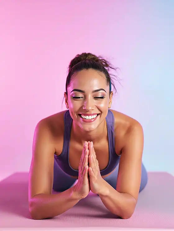 Smiling woman in a yoga pose with hands in prayer, symbolizing mindfulness and positivity for nRecovery.