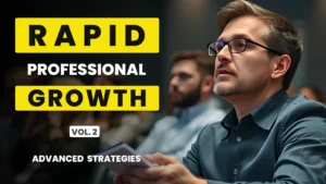 Attentive professional holding a notebook at a workshop, yellow and white text reading “Rapid Professional Growth Vol. 2 Advanced Strategies” on a dimly lit background