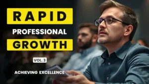 Thoughtful professional in a conference setting listening intently, bold yellow and white text reading “Rapid Professional Growth Vol. 3 Achieving Excellence” on a dark, blurred background