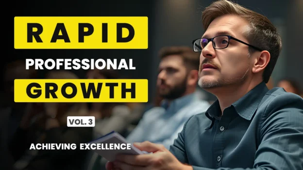 Thoughtful professional in a conference setting listening intently, bold yellow and white text reading “Rapid Professional Growth Vol. 3 Achieving Excellence” on a dark, blurred background
