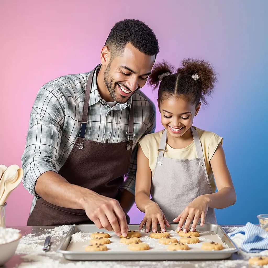 A joyful father and daughter baking cookies together, showcasing teamwork and creativity.