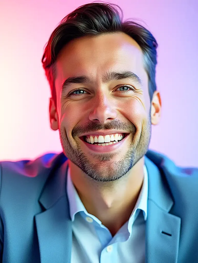 A confident young man in a suit smiling, symbolizing success and personal development.
