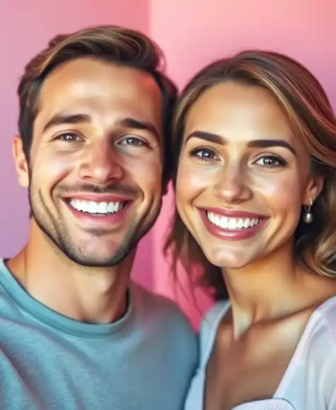 A happy couple smiling together, radiating positivity and confidence.