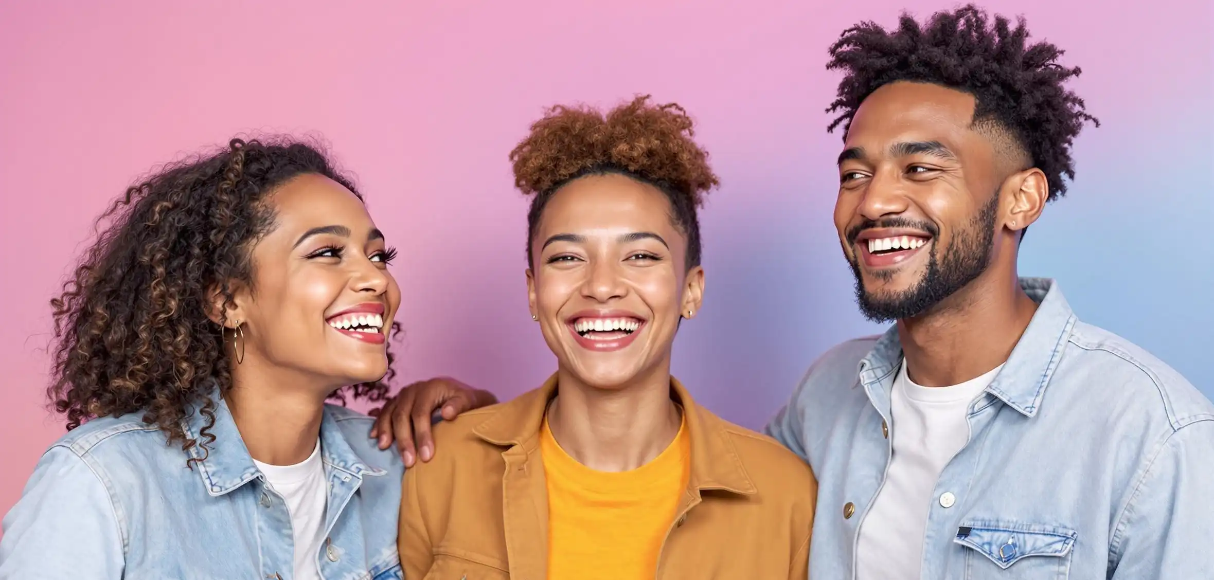 Three friends smiling and laughing together against a colorful background.