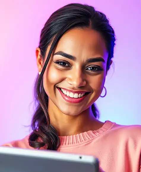 Smiling woman holding a tablet, exuding confidence and positivity against a colorful background.