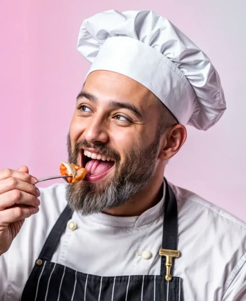 Chef tasting a delicious dish with a joyful expression.