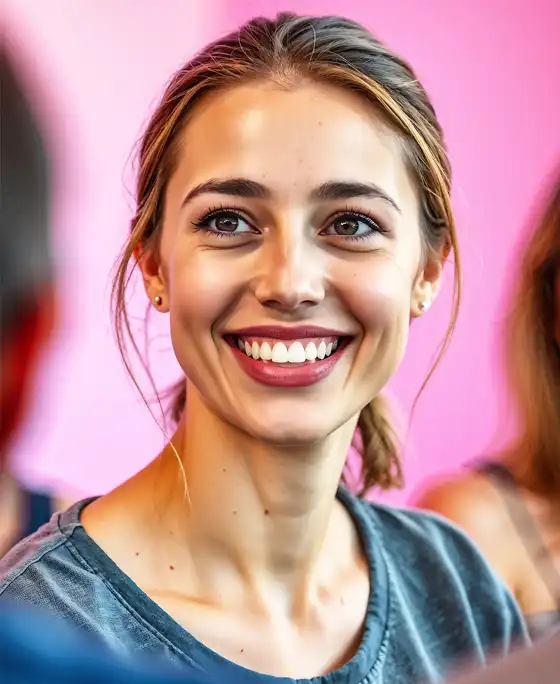 A young woman with a bright smile, radiating positivity and enthusiasm, representing personal growth and connection.