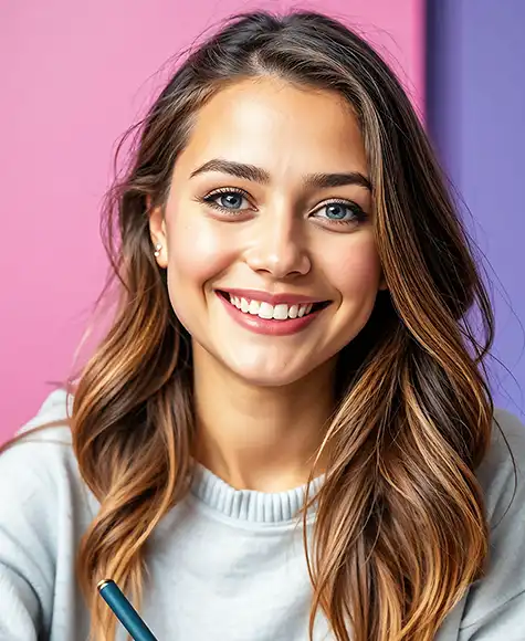 Smiling woman writing in a notebook, exuding confidence and positivity.