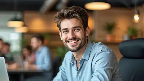 A smiling man working on a laptop in a modern office setting.