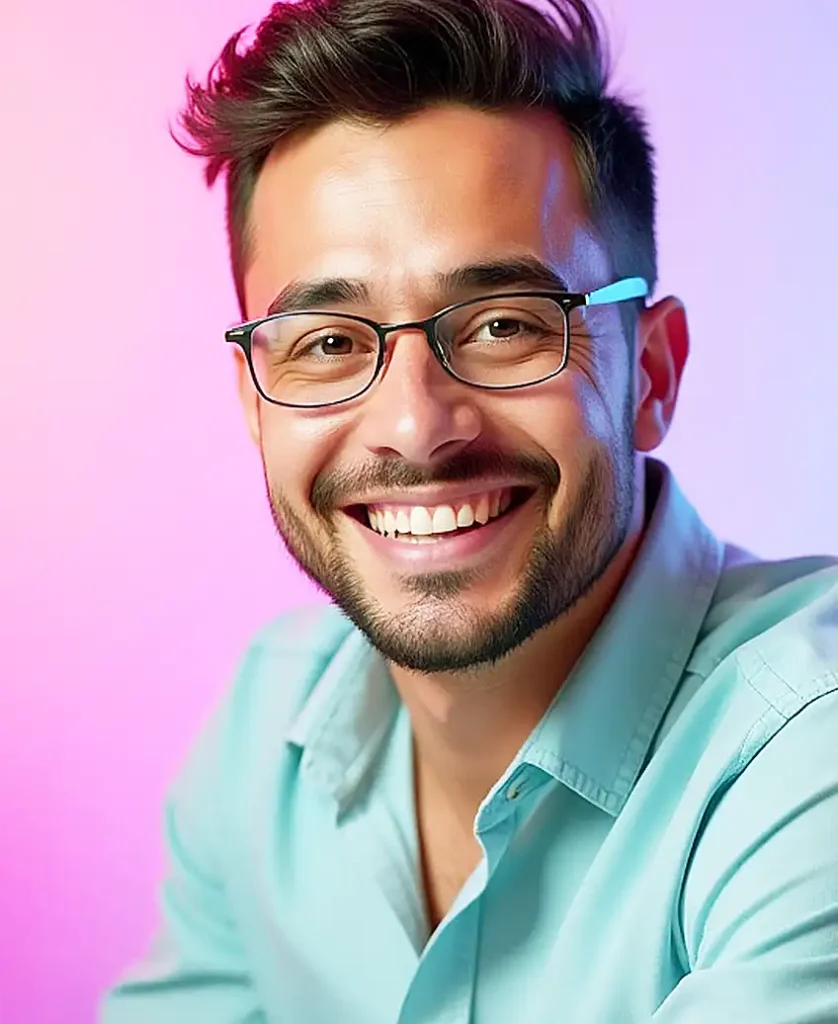 A cheerful young man with glasses, embodying motivation and personal growth.