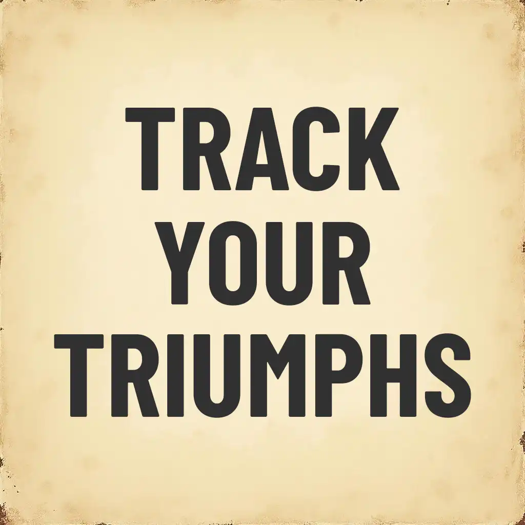 “Track Your Triumphs” digital habit tracker template with bold typography on a vintage parchment background
