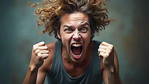A determined young man with wild hair shouting in triumph and defiance, fists clenched, symbolizing the power to overcome challenges.