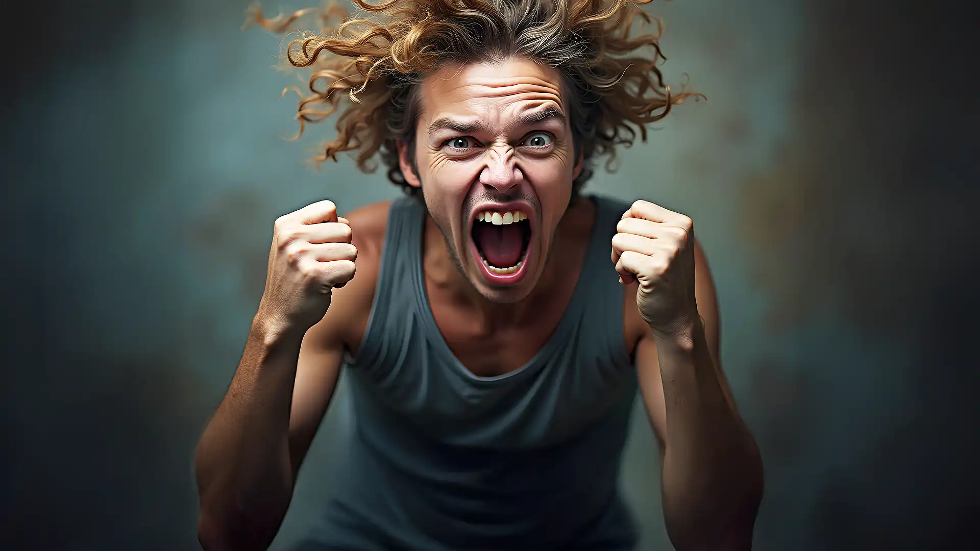 A determined young man with wild hair shouting in triumph and defiance, fists clenched, symbolizing the power to overcome challenges.