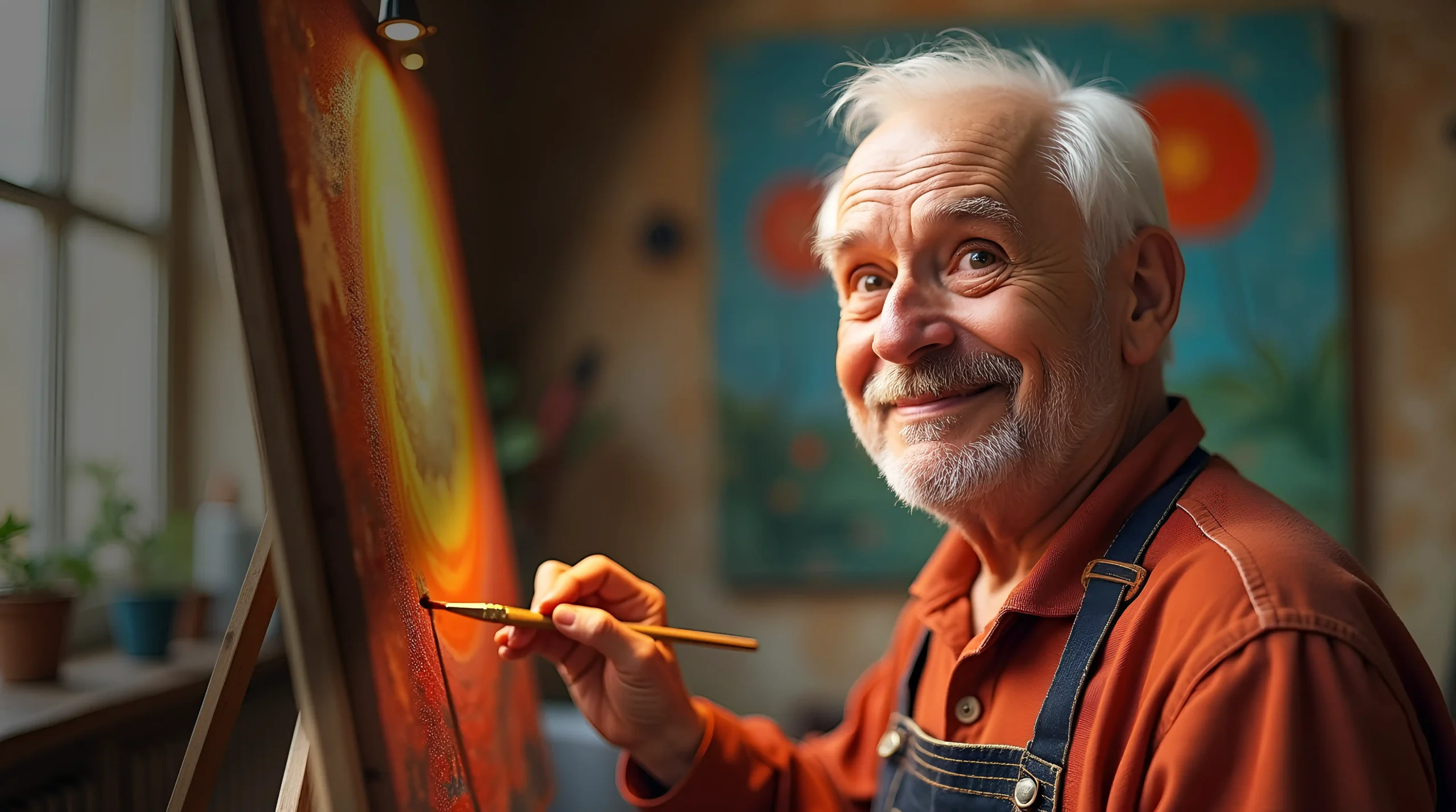 An elderly man with white hair and a warm smile proudly looks towards the camera while adding finishing touches to a vibrant, abstract painting on an easel in his art studio, symbolizing the joy of lifelong learning and personal growth through creative pursuits.