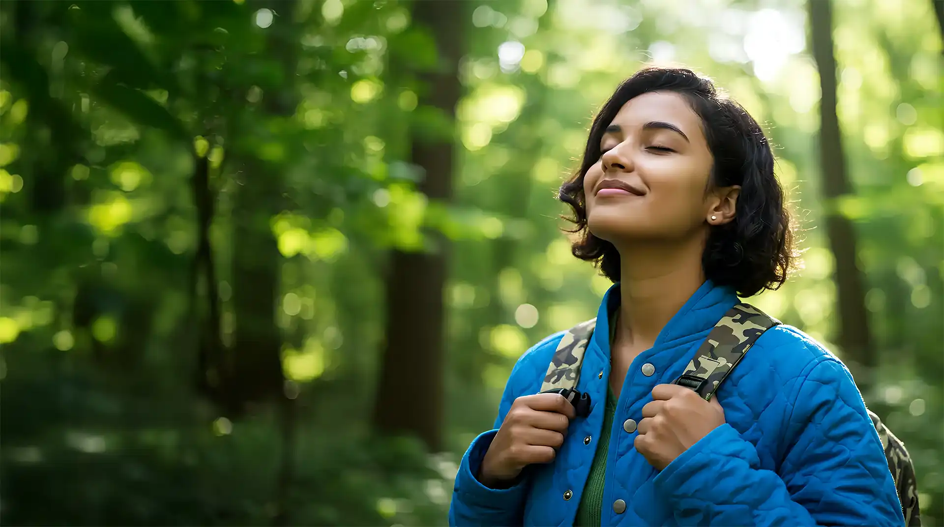 A young woman with short dark hair and a peaceful smile, eyes closed, enjoys a moment of mindfulness in a sunlit forest, representing her nRecovery journey towards personal growth and overcoming challenges.