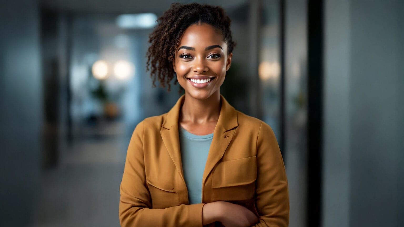 A smiling Black woman with curly dark hair, wearing a brown blazer, looks directly at the camera with a warm and inviting expression in a blurred modern office setting.