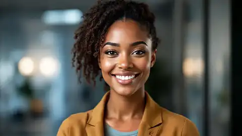 A smiling Black woman with curly dark hair, wearing a brown blazer, looks directly at the camera with a warm and inviting expression in a blurred modern office setting.