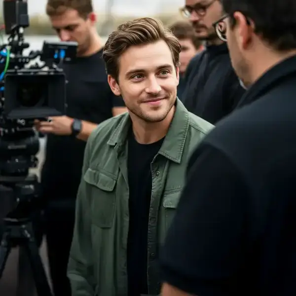 A confident young actor in a green shirt smiles while talking to a crew member on a film set with a camera and other personnel visible, representing the poise developed through nRecovery's confidence coaching.