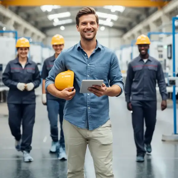 A smiling, confident young leader in a blue shirt holds a yellow hard hat and tablet, standing in front of a diverse team of smiling workers in hard hats and workwear in a bright manufacturing facility, representing the results of nRecovery's confidence coaching program.