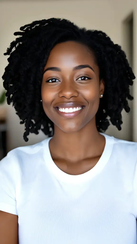 A close-up portrait of a smiling, confident young Black woman with natural hair and a white t-shirt, radiating positivity and self-assurance, representing the impact of nRecovery's confidence coaching.