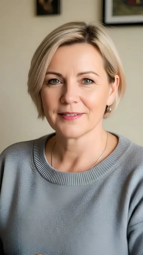 A close-up portrait of a smiling, confident middle-aged woman with short blonde hair and a gray sweater, displaying a calm and self-assured expression, representing the positive outcomes of nRecovery's confidence coaching.