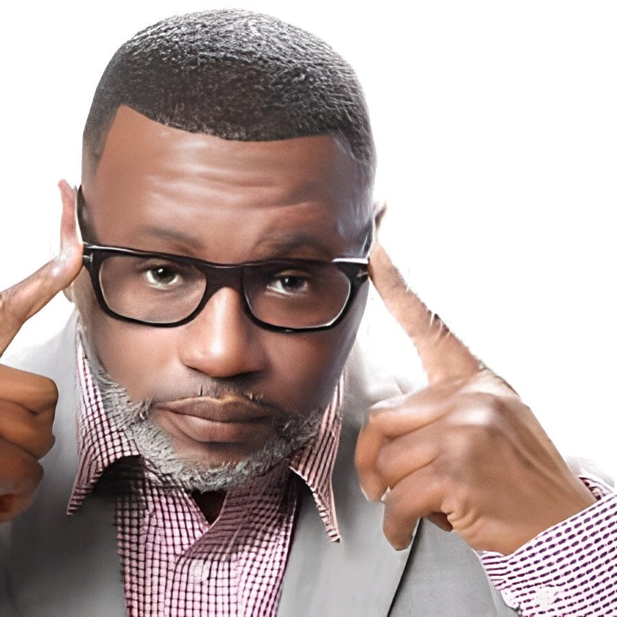 Master Celebrity-Level Confidence Private 1 ON 1 Coaching (Intermediate) - 8 Weeks -Starts: November 2, 2025 @6PM J. D. Lawrence, known as 'The King of Dramedy,' wearing glasses and pointing to his temples, symbolizing thought and mental focus.
