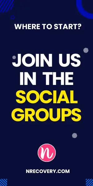A promotional banner for nRecovery featuring the text 'WHERE TO START? JOIN US IN THE SOCIAL GROUPS' on a dark blue background with the pink nRecovery logo.
