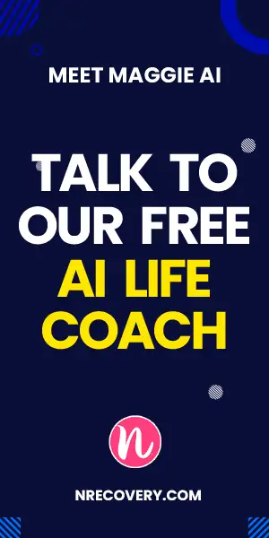 A promotional banner for nRecovery featuring Maggie AI, a free AI life coach designed to provide motivational support and guidance for personal development and goal achievement.