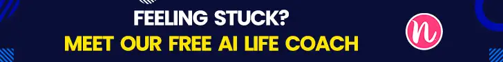 A horizontal promotional banner for nRecovery featuring the text 'FEELING STUCK? MEET OUR FREE AI LIFE COACH' in bold white and yellow lettering on a dark blue background with a pink circular logo.