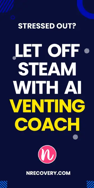 A promotional graphic for nRecovery featuring Raige AI, an AI venting coach designed to help users let off steam and manage stress as part of a personal development journey.