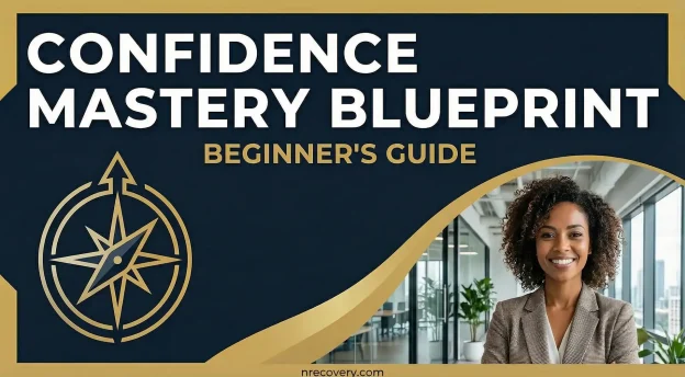 Confidence Mastery Blueprint Beginner’s Guide showing a confident professional woman in a modern office, representing personal growth, self-confidence training, and success coaching by nRecovery