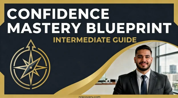 Confidence Mastery Blueprint Intermediate Guide featuring a confident professional man in a modern office, symbolizing personal growth, leadership confidence, and mindset development with nRecovery