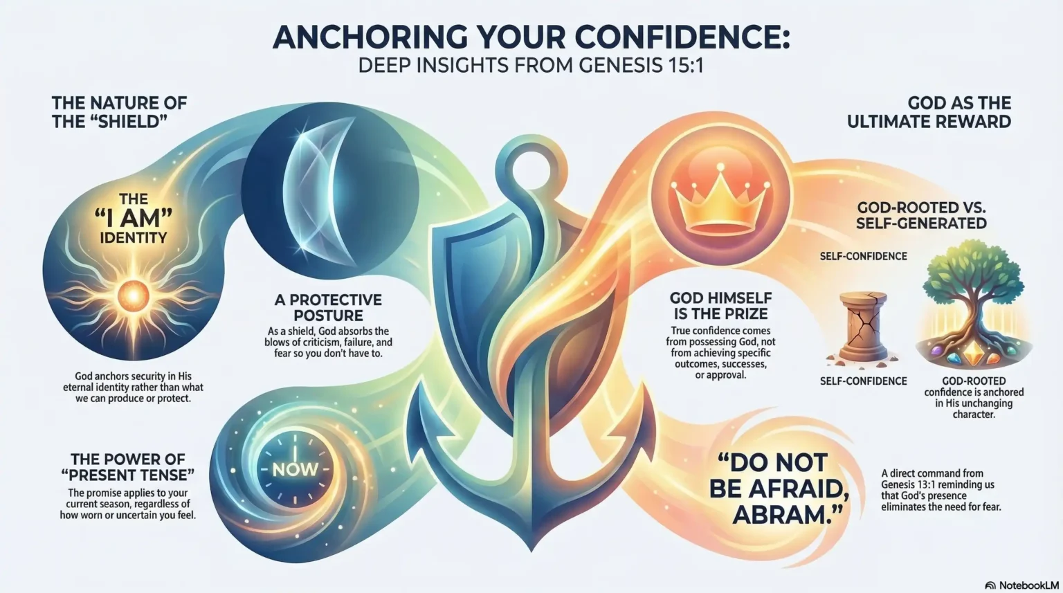 Infographic about anchoring your confidence with biblical insights from Genesis 15:1, featuring shield, identity, present tense, and God-rooted confidence themes.