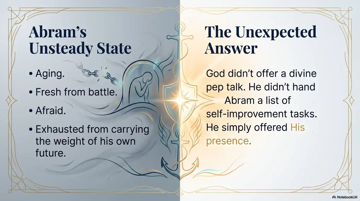 Split-screen biblical confidence graphic showing Abram's unsteady state and the unexpected answer of God's presence.