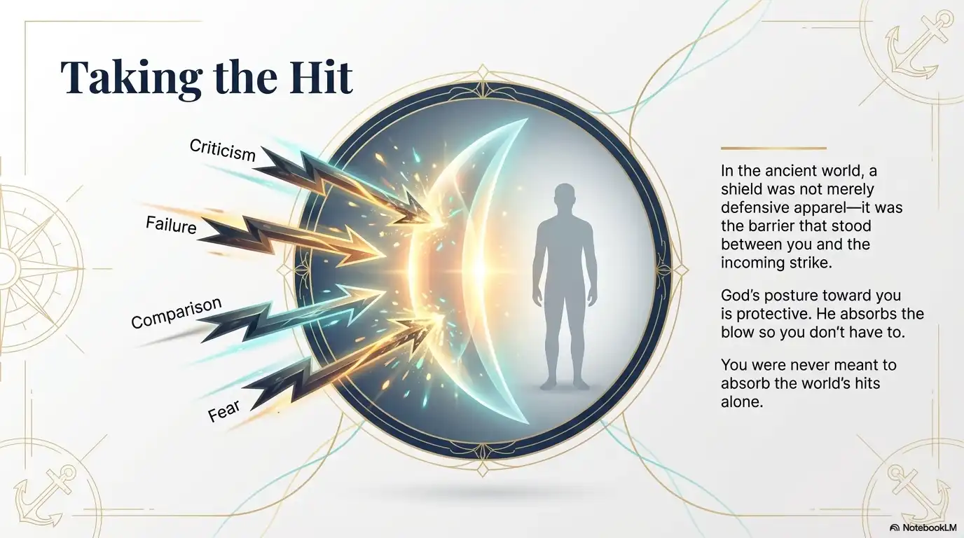 Motivational faith graphic showing a shield absorbing criticism, failure, comparison, and fear.