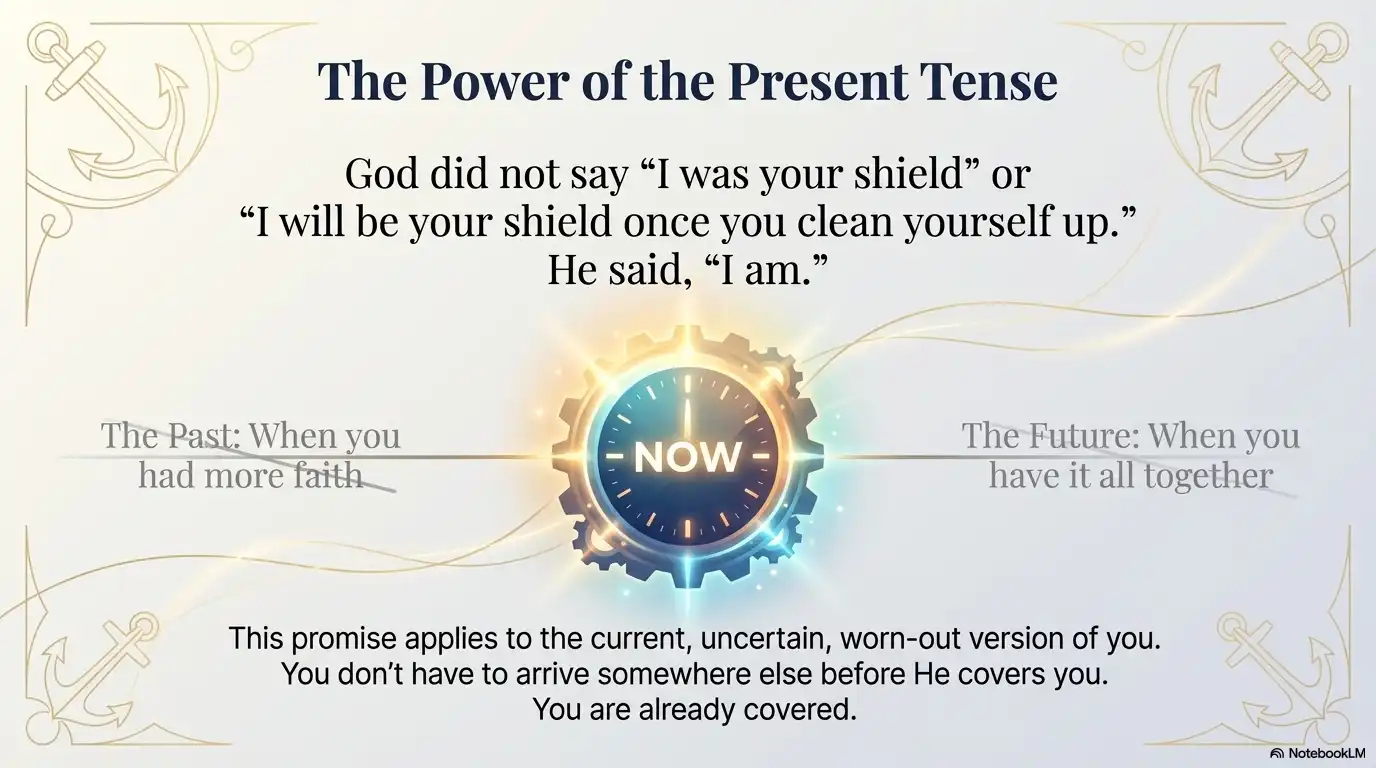 Faith-based motivational graphic about the power of the present tense and God’s immediate protection.