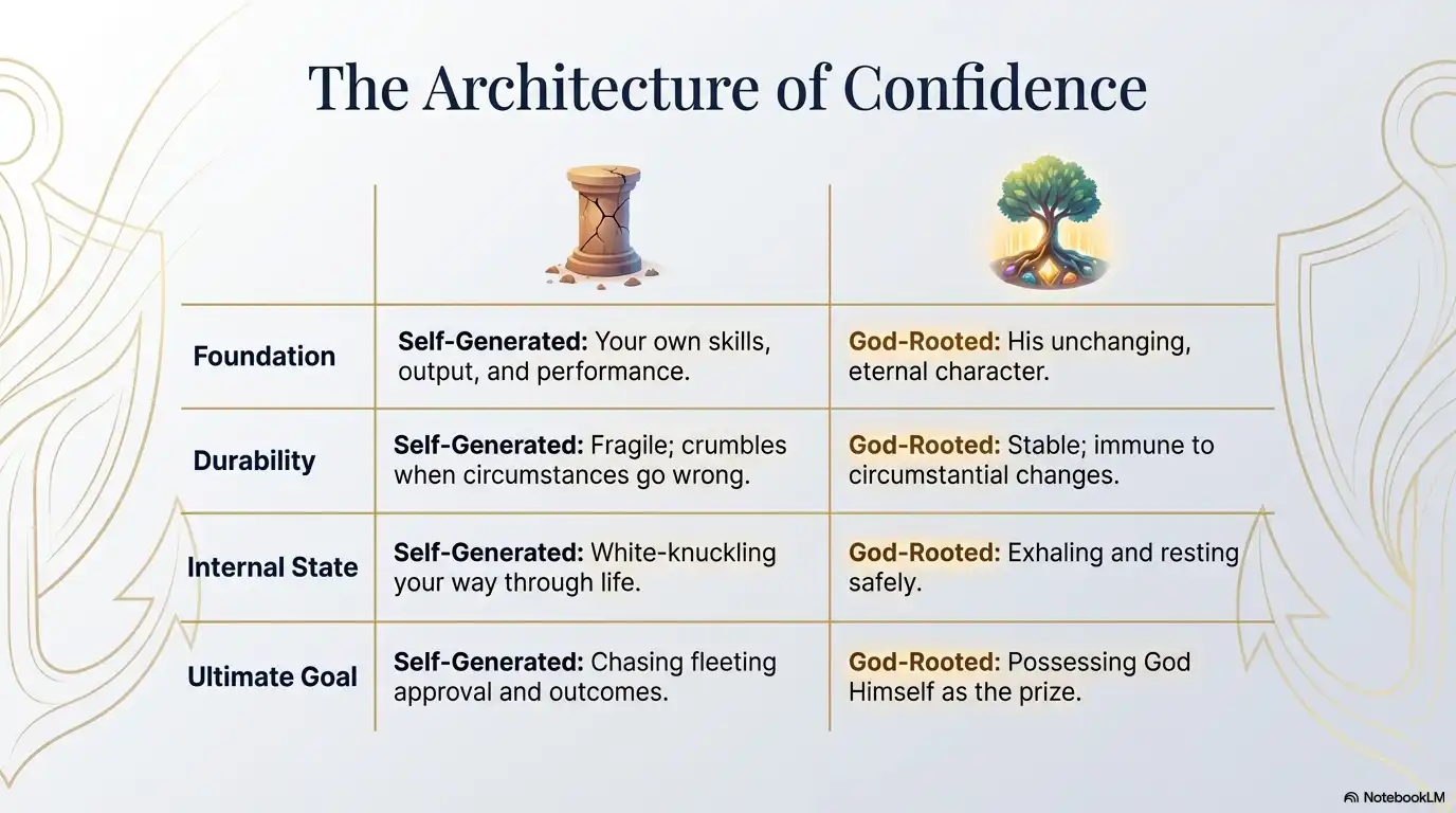 Faith-based motivational graphic comparing self-generated confidence with God-rooted confidence.