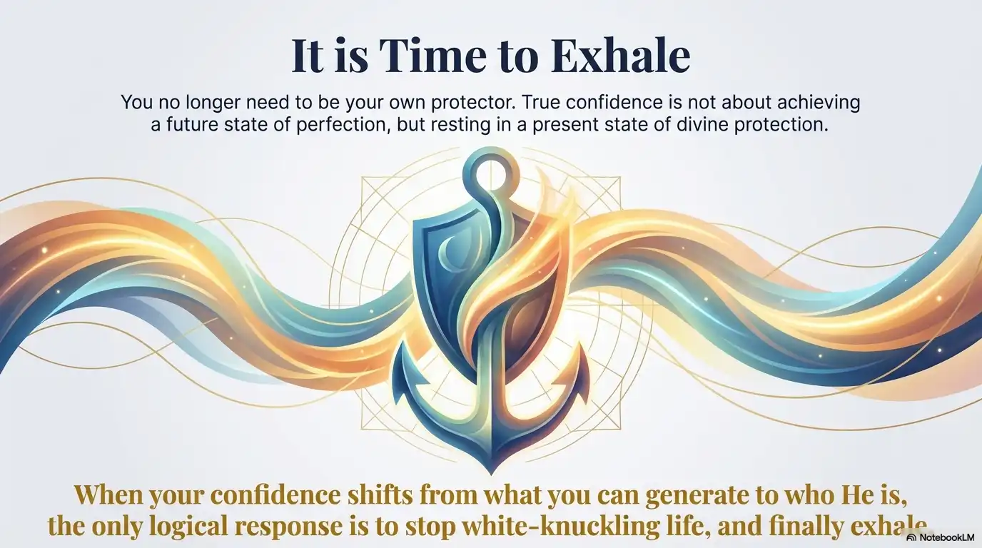 Motivational faith graphic about exhaling into divine protection and resting in present confidence.