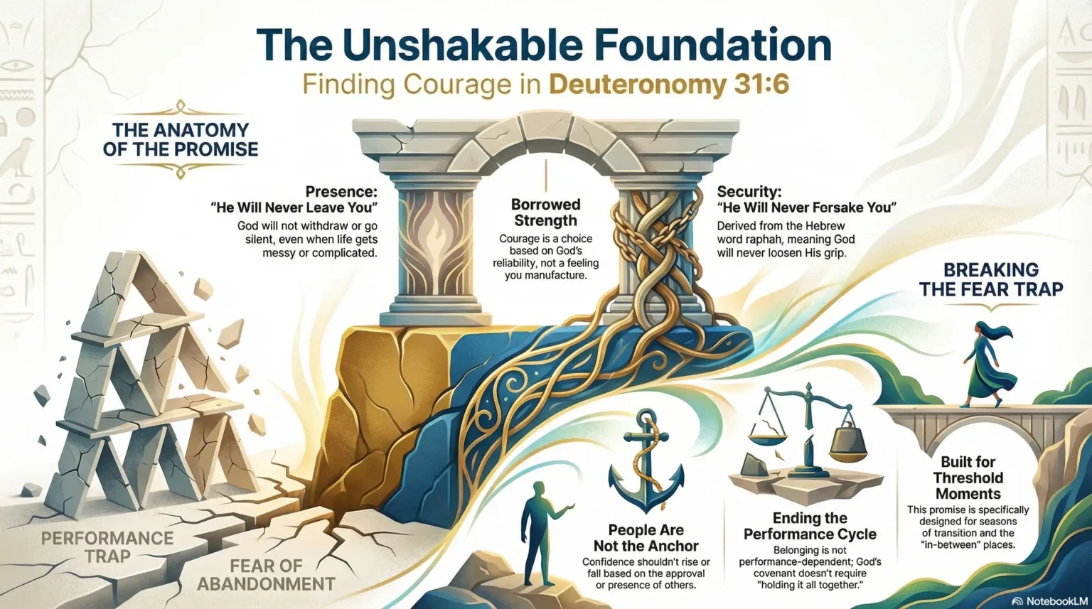 Motivational faith graphic about courage, presence, security, and breaking the fear trap.