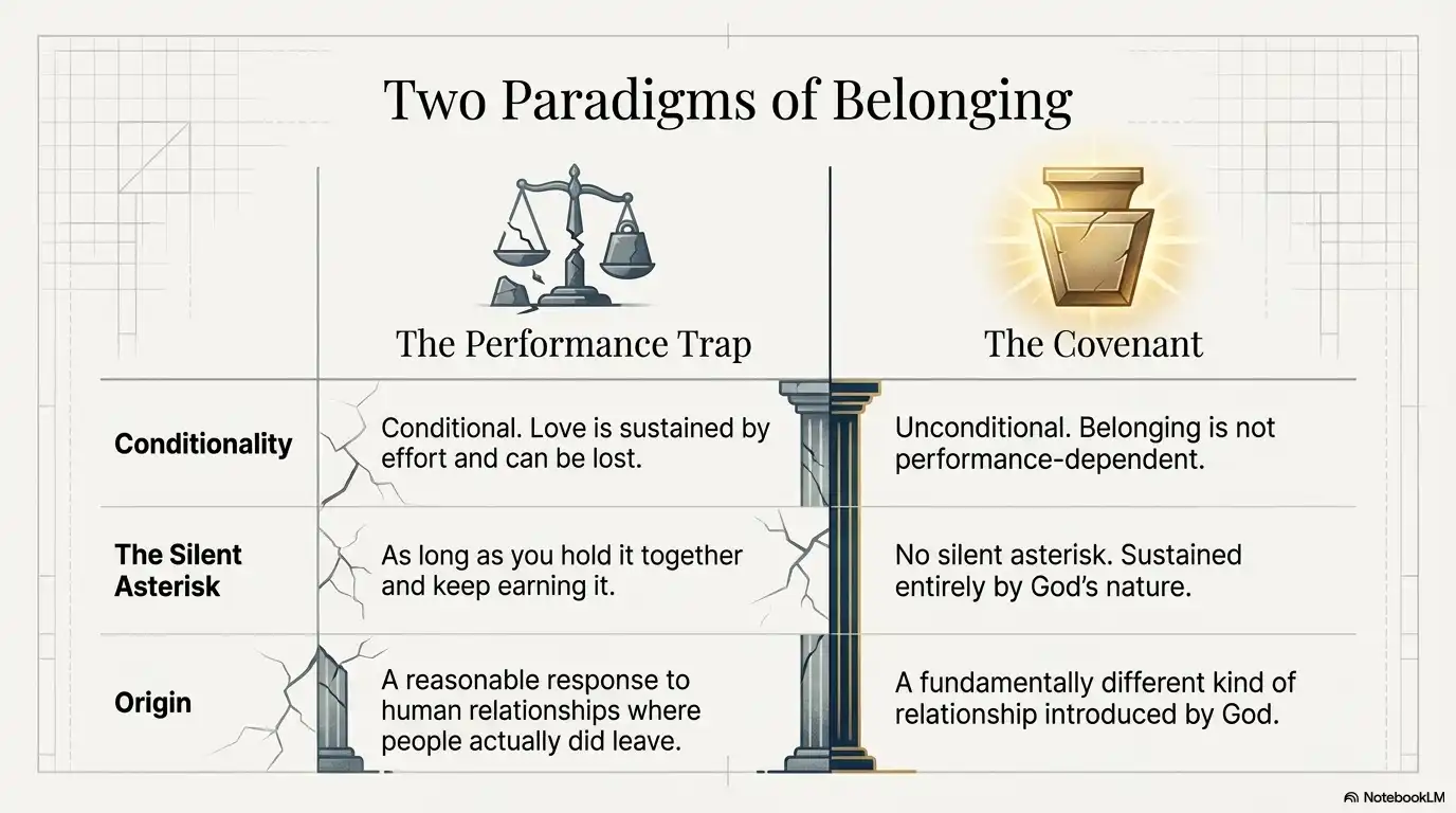 Motivational faith graphic comparing the performance trap with covenant belonging and unconditional love.