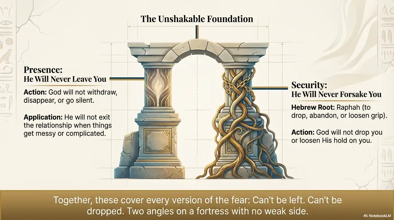 Motivational faith graphic about presence, security, and the promise of never being left or forsaken.