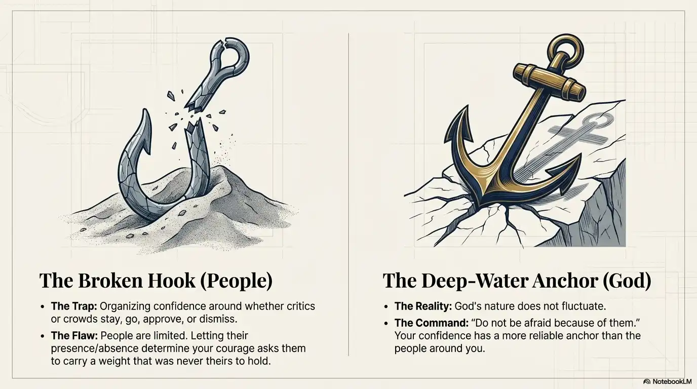 Motivational faith graphic contrasting the broken hook of people with the deep-water anchor of God.