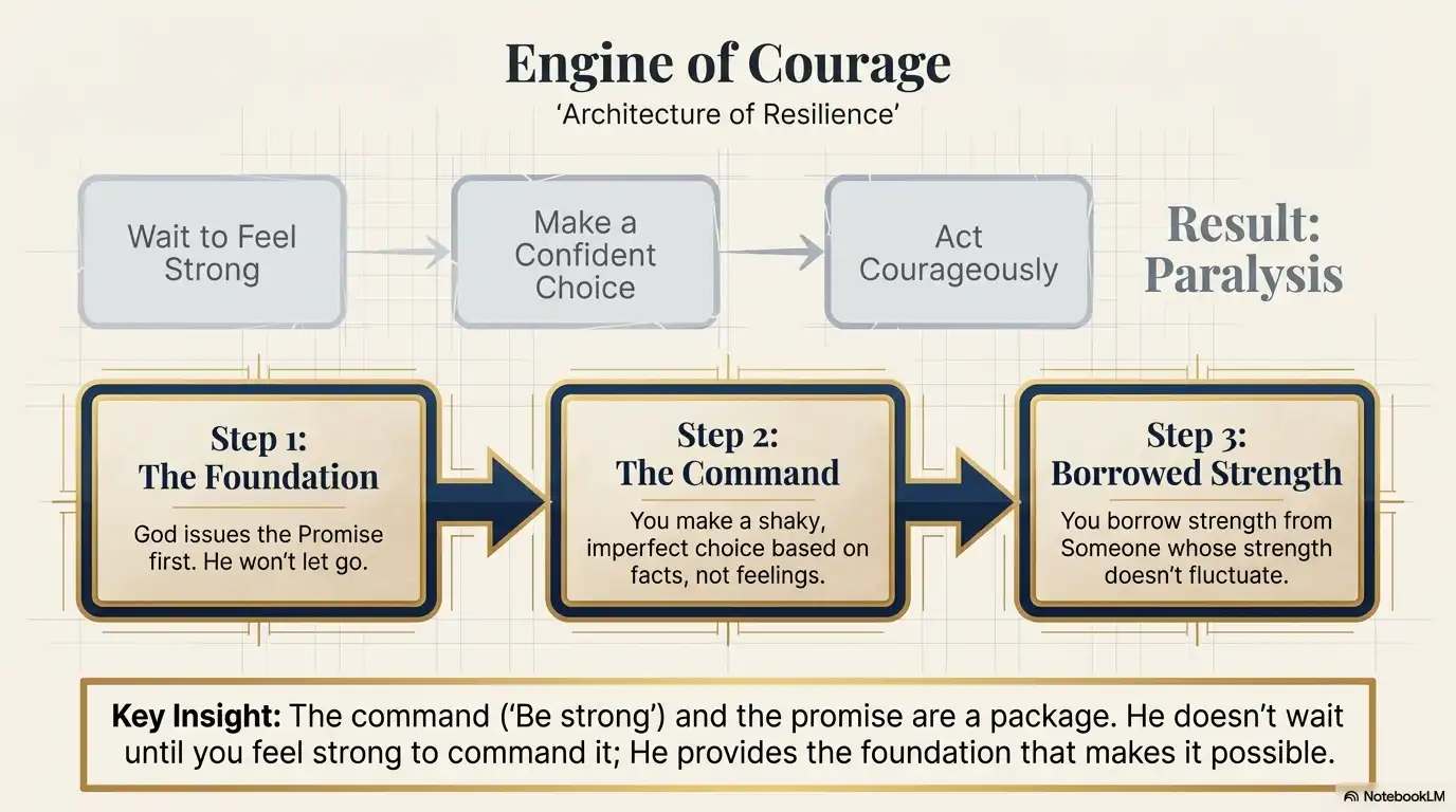 Motivational faith graphic showing the engine of courage, borrowed strength, and action before confidence feels complete.
