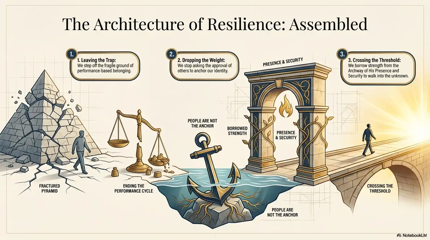 Motivational faith graphic showing the assembled architecture of resilience: leaving the trap, dropping the weight, and crossing the threshold.