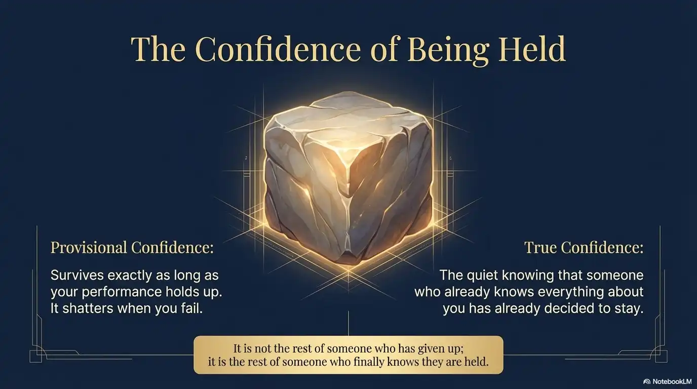 Motivational faith graphic about true confidence, being held, and moving beyond provisional confidence.