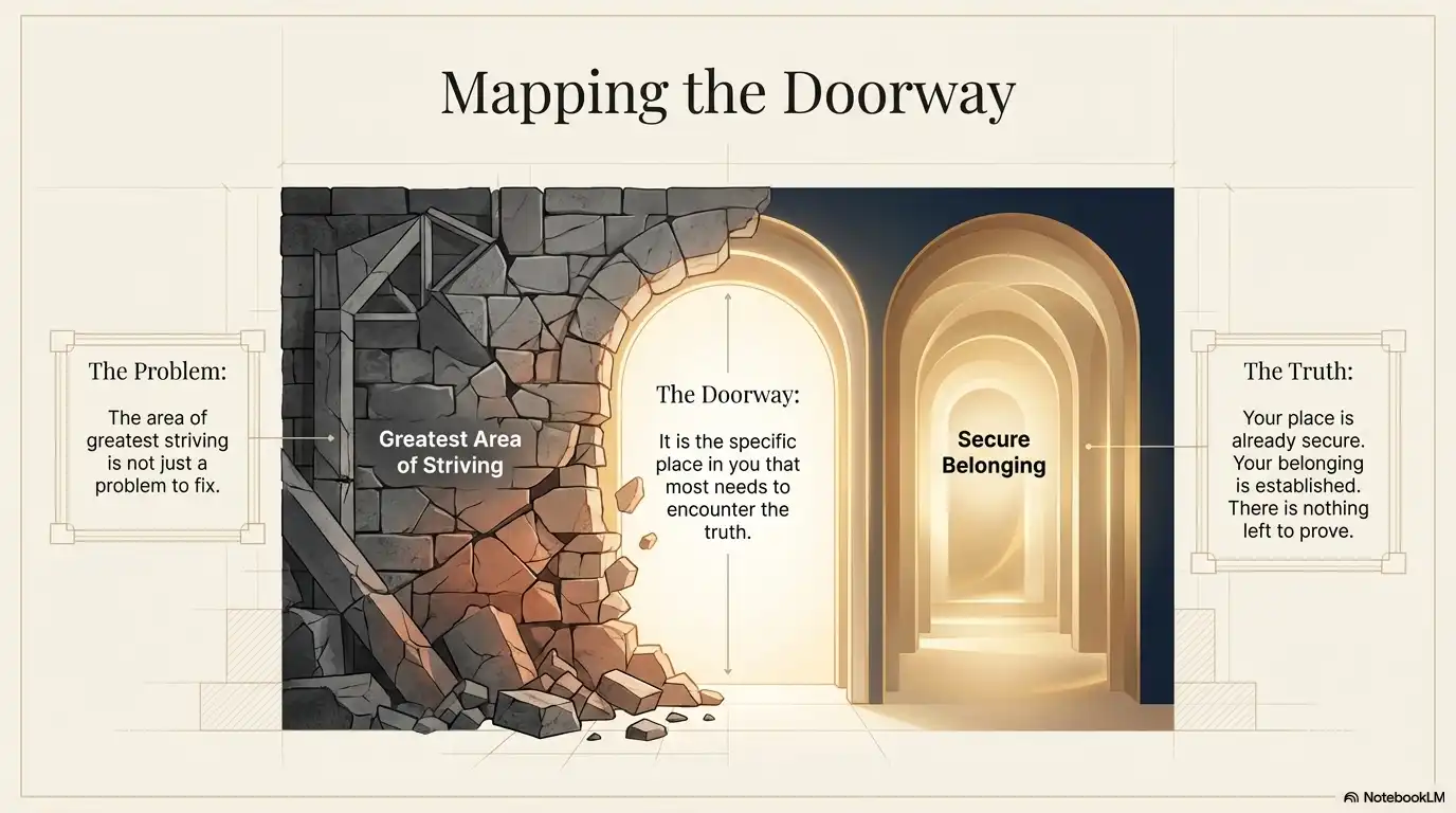 Motivational faith graphic showing the doorway from the greatest area of striving to secure belonging and truth.