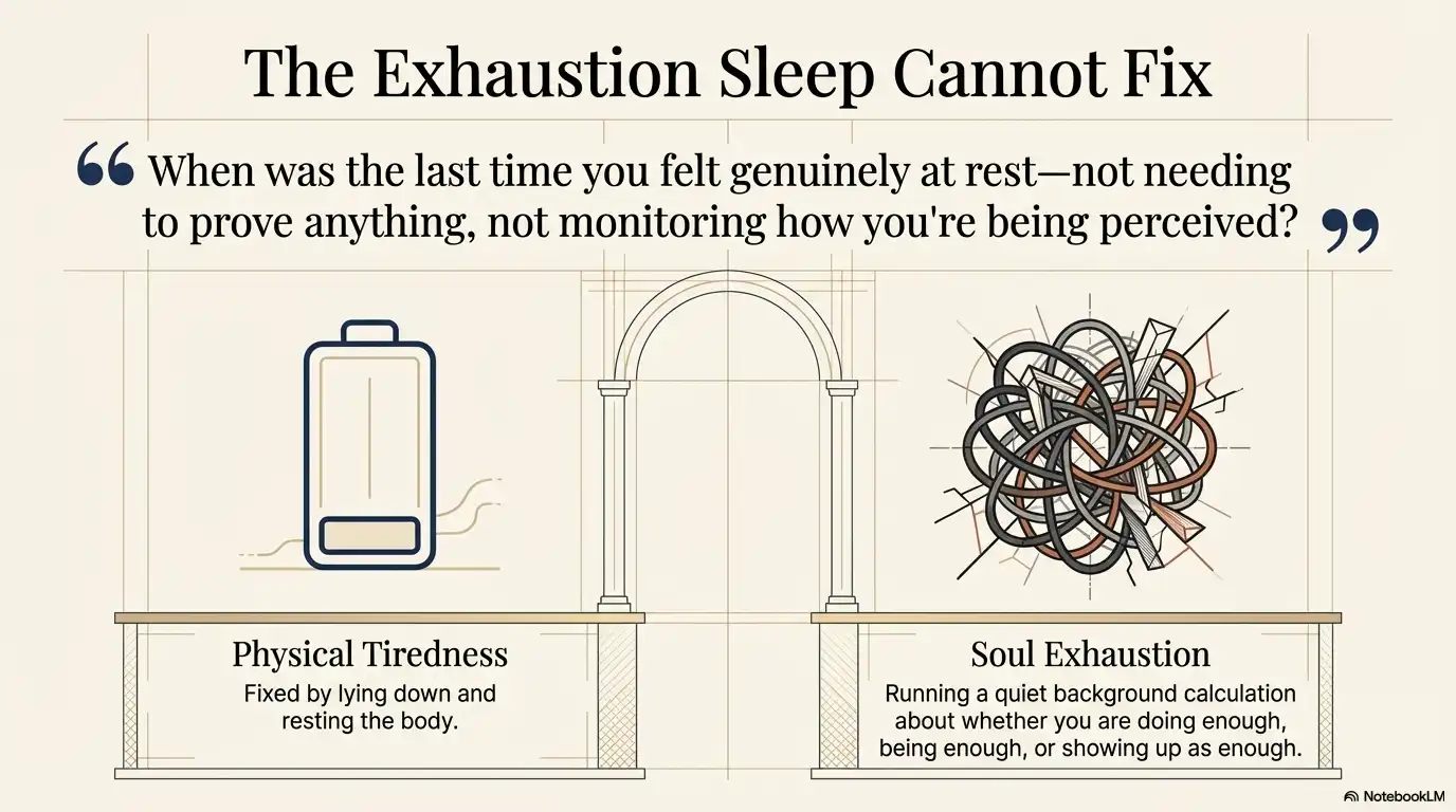 Motivational graphic about soul exhaustion versus physical tiredness and the need for true rest.