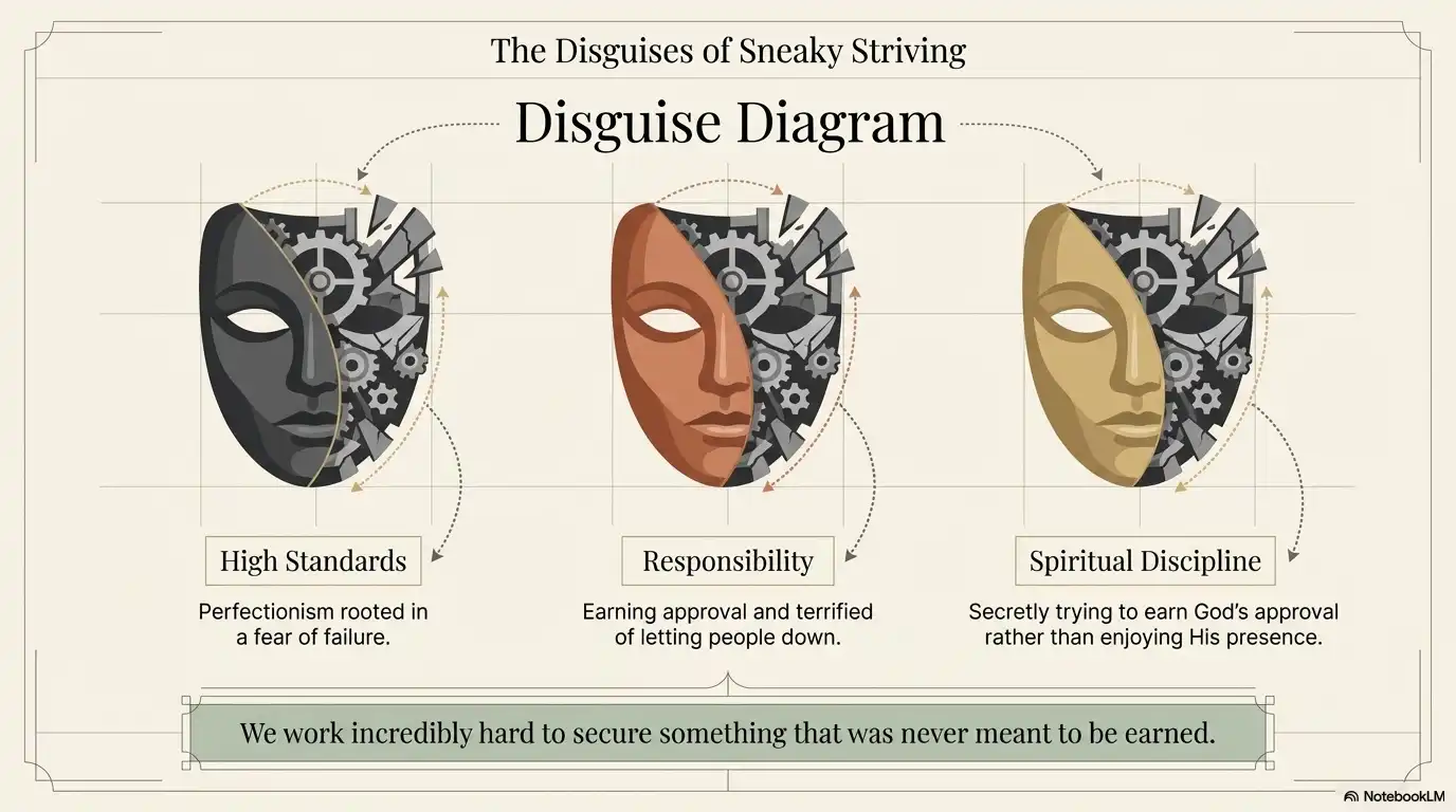 Motivational graphic showing the disguises of sneaky striving through high standards, responsibility, and spiritual discipline.